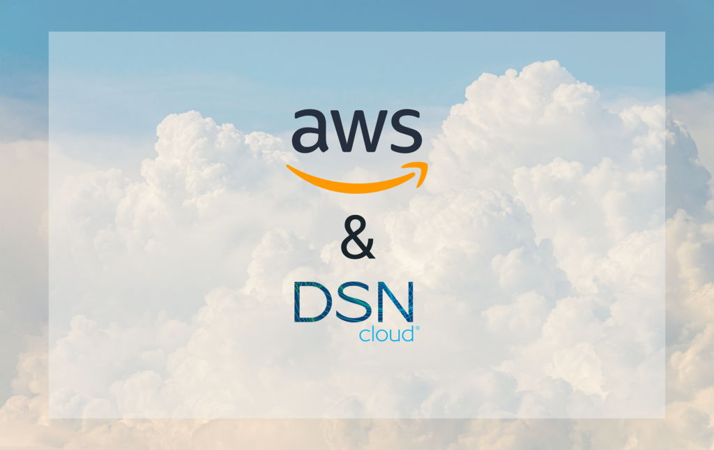 Cloud background featuring AWS and DSN logos, symbolizing collaboration in cloud-based software solutions.