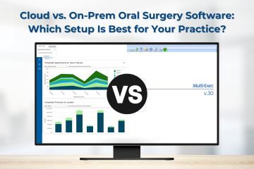 Computer on a desk, comparing cloud vs on-premise software solutions with DSN Cloud and on-premise graphics.