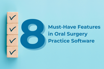 Graphic of 8 must-have features in oral surgery software, checklist with icons and blue background.