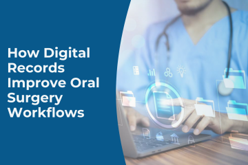 Dental assistant using laptop with digital files, enhancing efficiency and workflow in oral surgery through digital records.