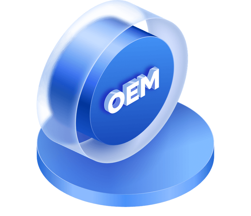Round blue icon with "OEM" text, symbolizing technology partnerships and original equipment manufacturer solutions.